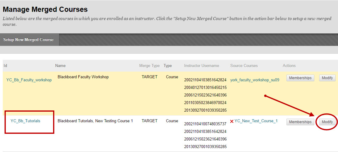 Click Modify to unmerge the course