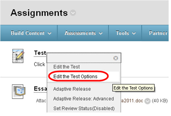 Click Edit the Test Options