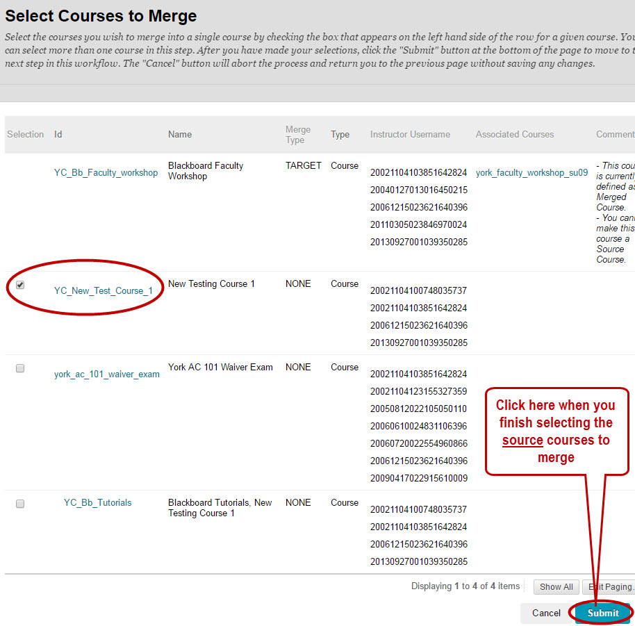 Select source courses to merge