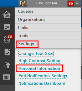 Personal Information in the Global Navigation Menu