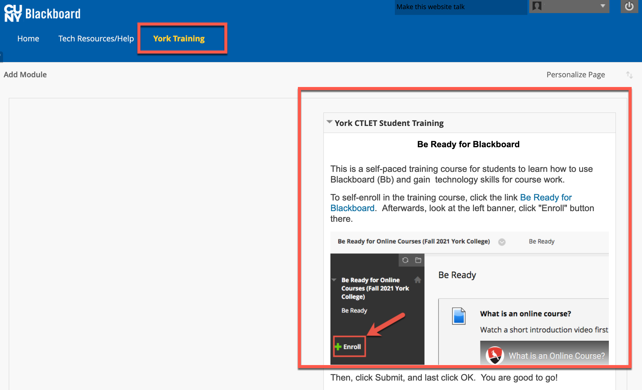 York Training tab in Blackboard