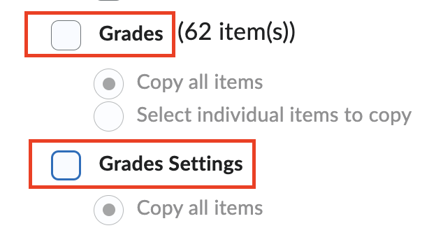 De-select Grades and Grades Settings