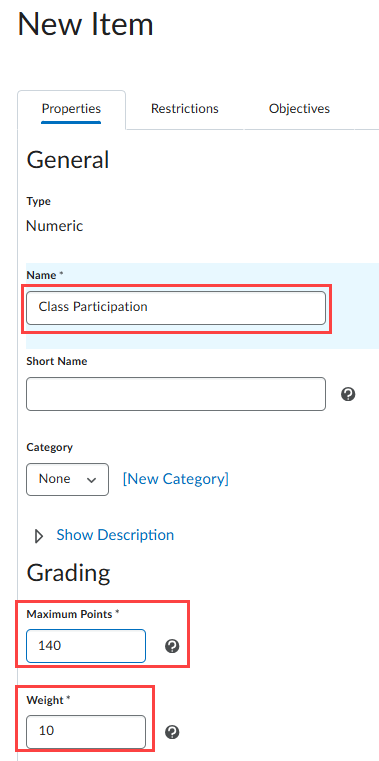 Set up parameters for class participation grade column.