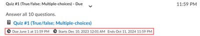 Quiz due dates and start, end dates appear in "Course Schedule"
