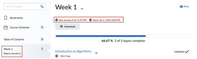 Start and Due dates appear in the course.