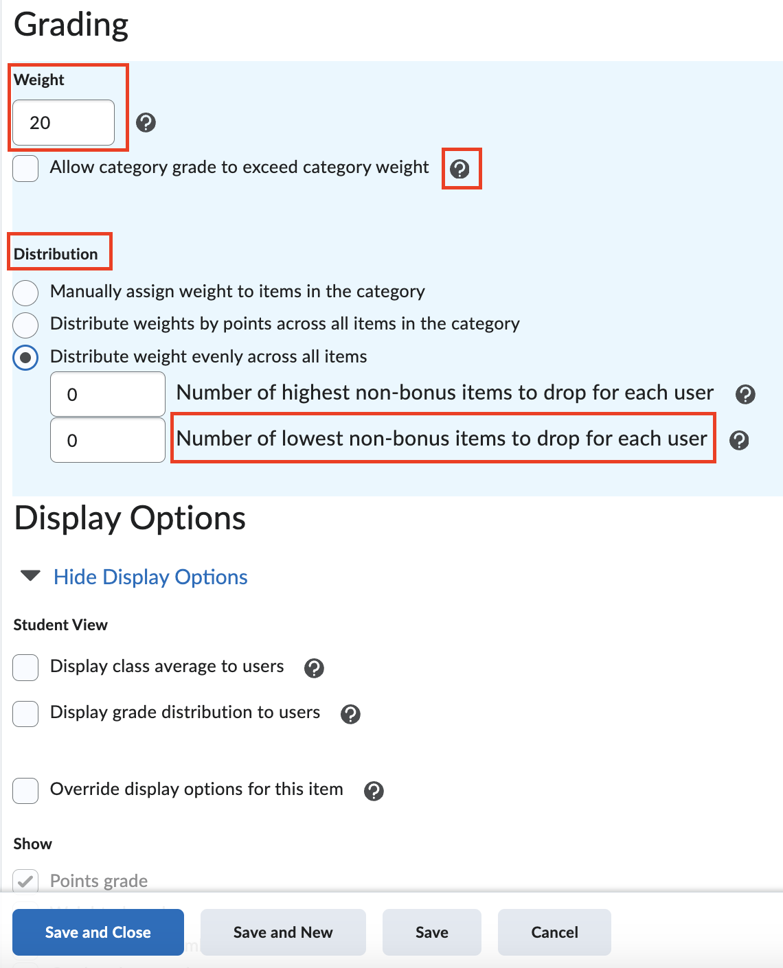 Select settings for a grade category.