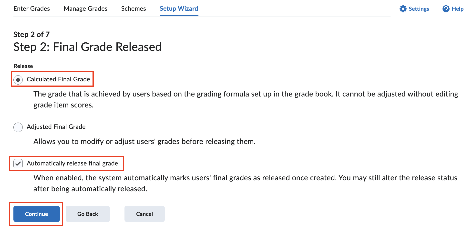 Select which grades to release.