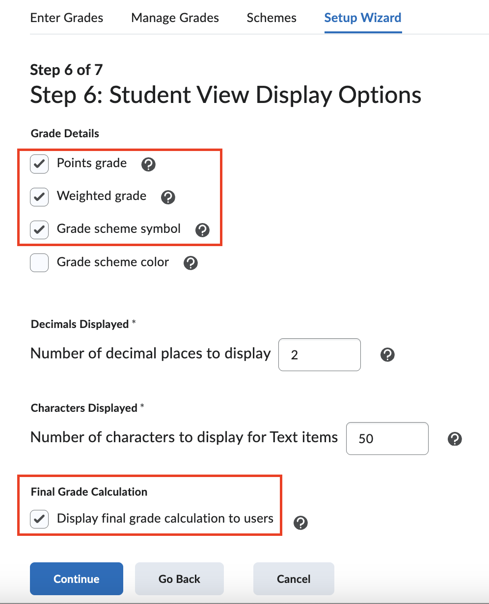 Set the grade display options for students