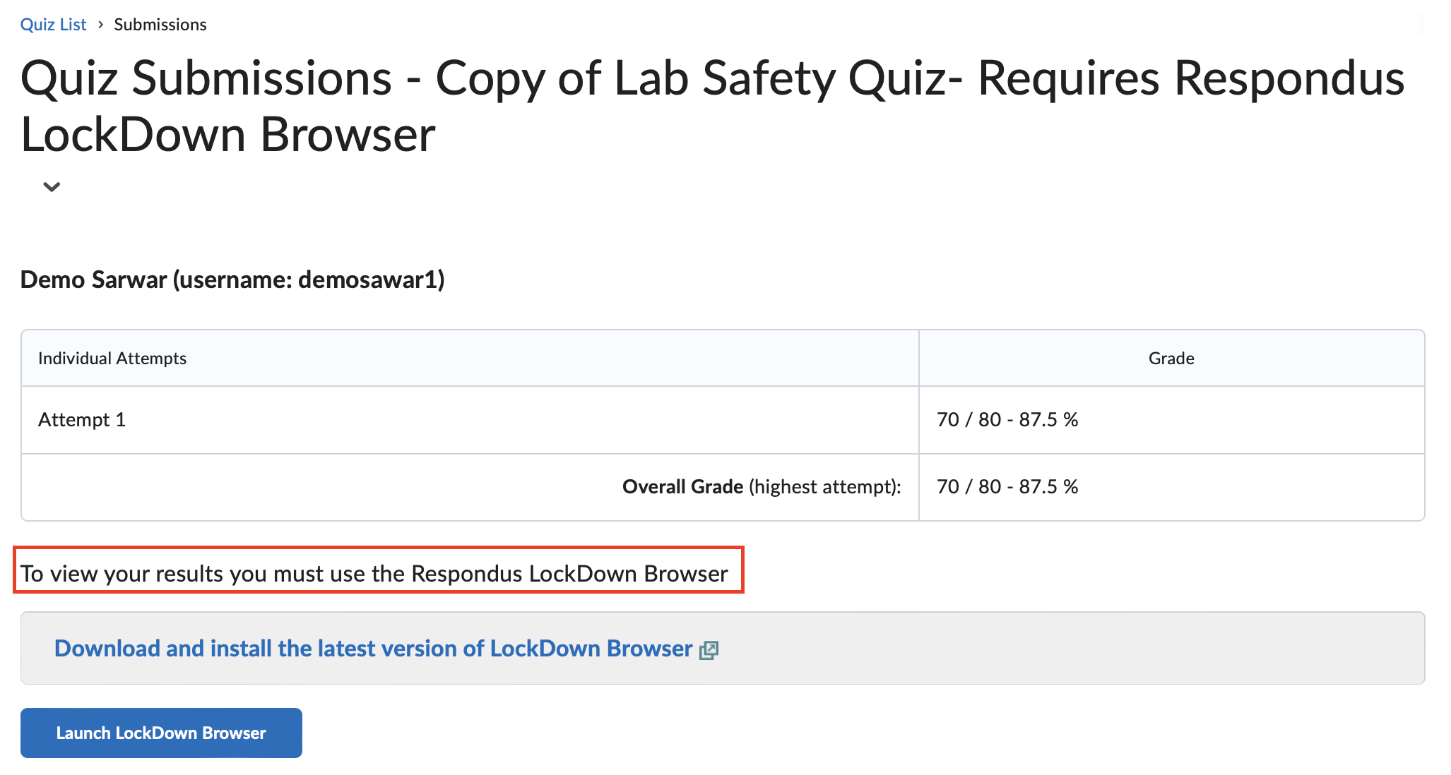 Submission page for lockdown browser quiz 