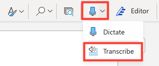 click Dictate icon and choose Transcribe