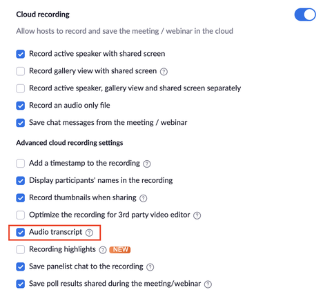 enable Audio transcript for recording