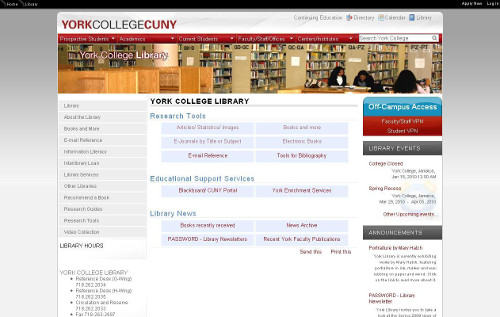 Screenshot of York library website in January 2010