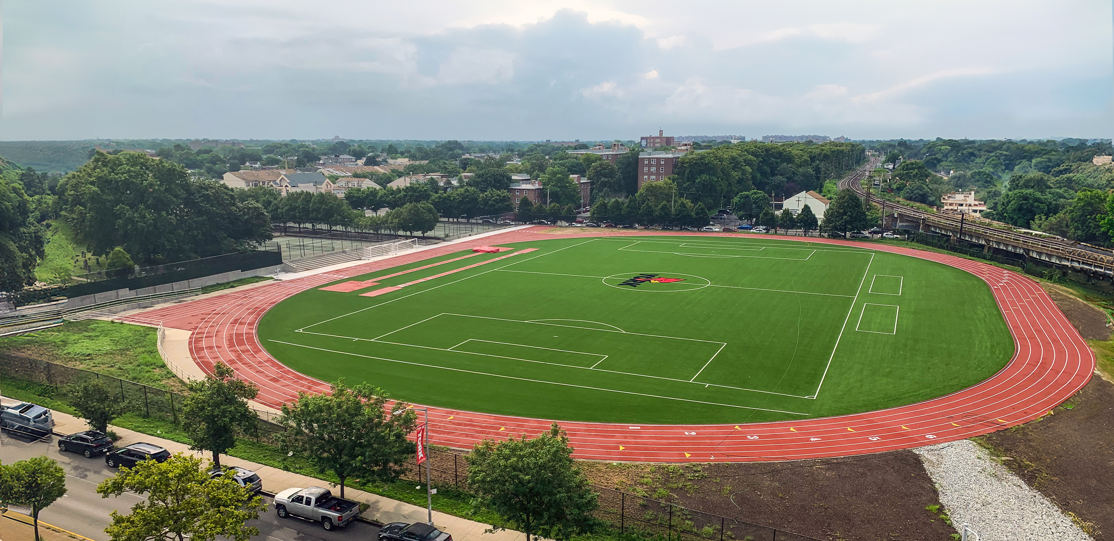 A wide-angle view of York College’s sports field and track located in Jamaica Queens